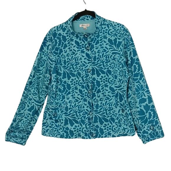 Coldwater Creek Jacket Blue Floral Denim Button Up Teal Blazer 100% Cotton Large - Picture 1 of 7